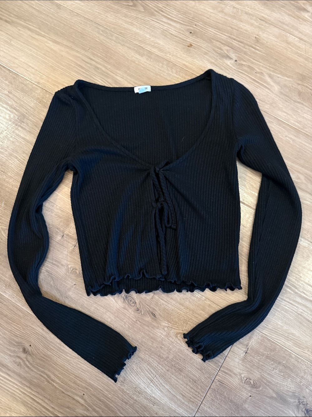 Garage Black Ribbed Tie-Front Long Sleeve Top